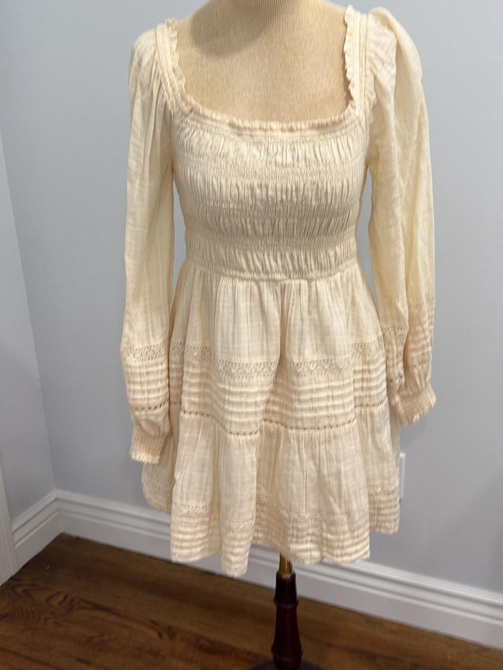 American Eagle By Payless Cream Smocked Long-Sleeve Mini Dress